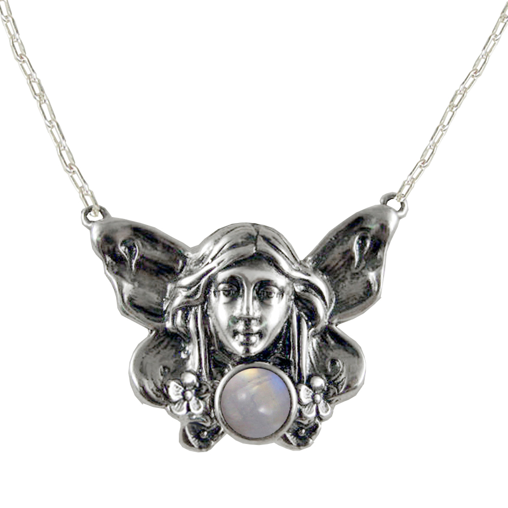 Sterling Silver Winged Fairy Aromatherapy Pendant Necklace With Rainbow Moonstone